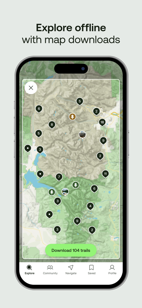 Smartphone displaying AllTrails offline map download feature with topographic trail markers