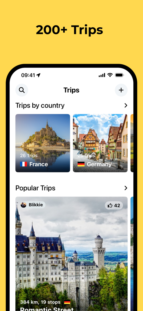 Mobile interface of the Campy app showing a variety of curated European road trips by country including France and Germany