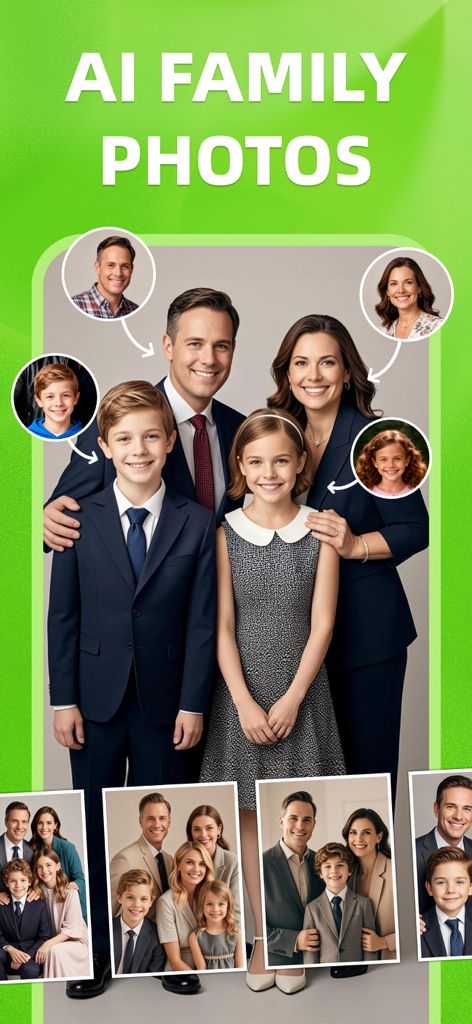 PhotoKit: Cleanup your storage - 個々のポートレートをグループ写真に組み合わせるAI家族写真機能を示すPhotoKitアプリ画面