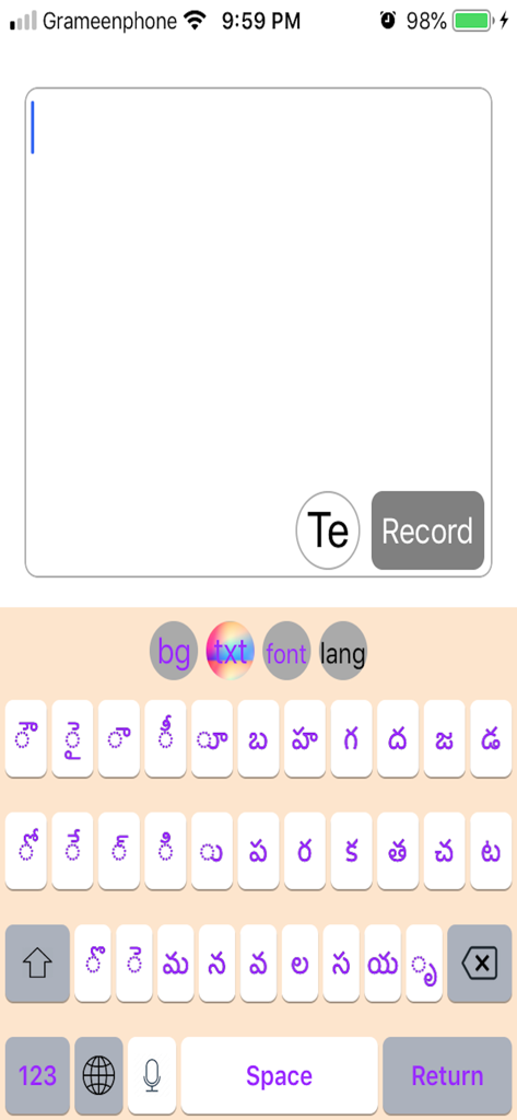 Indian Keyboard - Mobile screen displaying a customizable Indian keyboard with Telugu script and voice recording feature.