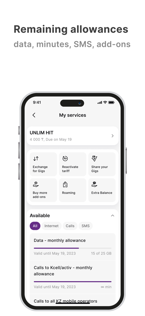 Kcell - Kcell mobile app screen displaying remaining data minutes and SMS allowances under the my services section