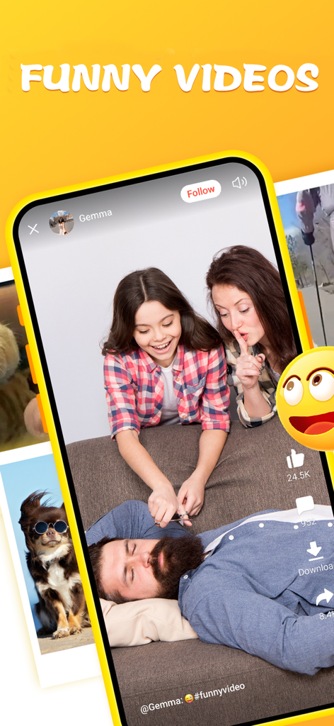 Helo App-Bildschirm, der den Abschnitt mit lustigen Videos zeigt, mit einem Videoplayer und Social-Media-Freigabe-Icons.