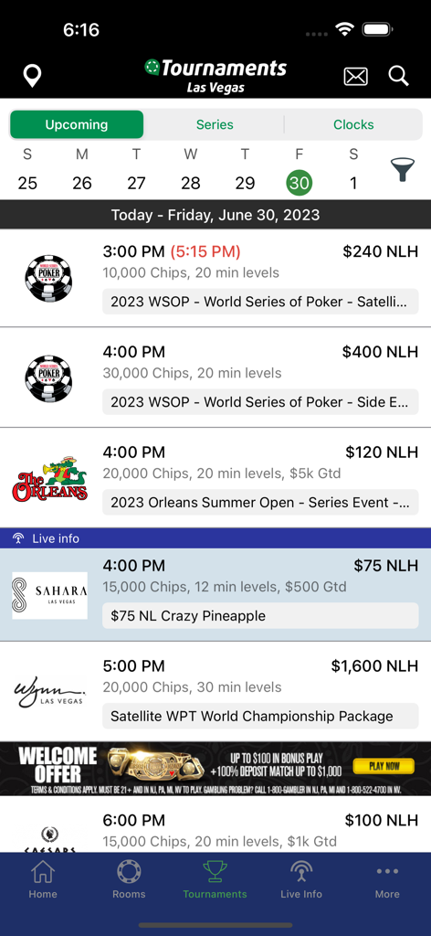 PokerAtlas mobile app showing upcoming poker tournaments and buy-ins in Las Vegas.