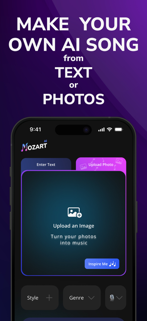 AI Song Generator - Mozart - Interfaz de la aplicación Mozart AI Song Generator que muestra la función de foto a música