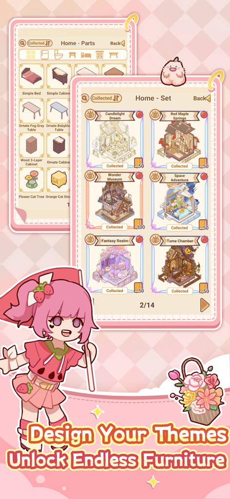 My Leisure Time - Interfaz que muestra varias piezas de mobiliario y diseños de habitaciones temáticos como Sueño a la Luz de Velas y Aventura Espacial en Mi Tiempo Libre.