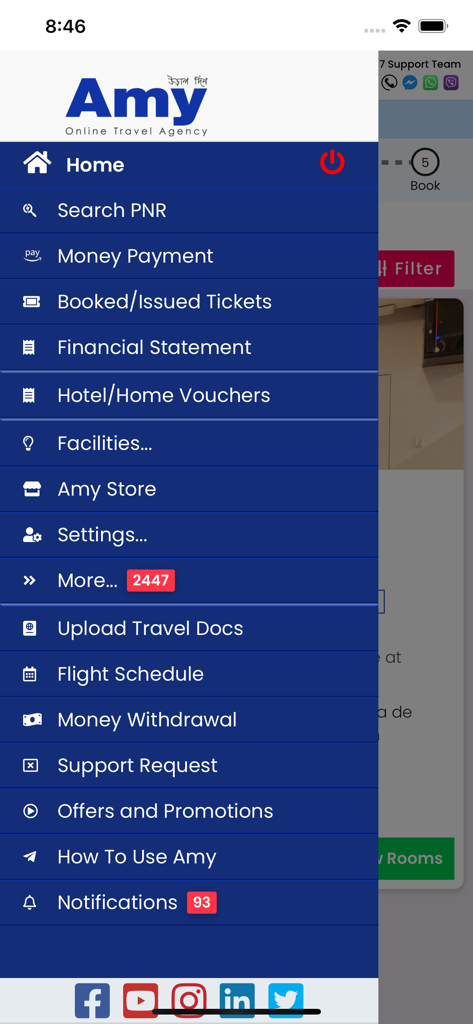 Menu de navigation latéral de l'application de voyage Amy BD montrant les options pour les horaires de vols, les bons d'hôtel et les paiements.