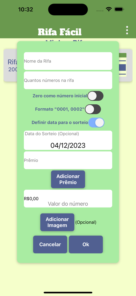 Rifa Fácil - A pop-up screen in the Rifa Facil app showing a form to create a new raffle with fields for name, number count, draw date, and prize description.