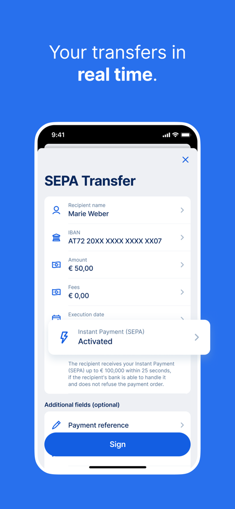 George Osterreich App-Bildschirm, der eine sofortige SEPA-Überweisung zeigt
