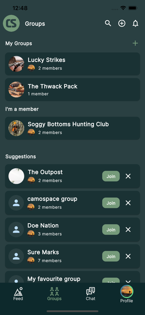 CamoSpace - Interface of the CamoSpace mobile app displaying the groups section with hunting and fishing community suggestions