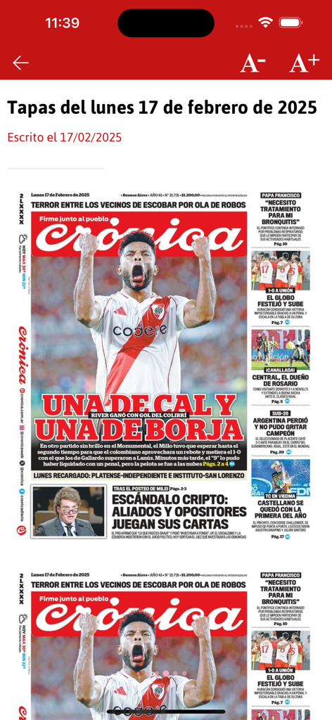 Diario Crónica App-Interface mit digitalen Zeitungs-Titelseiten mit Schlagzeilen über argentinische Nachrichten und Sport