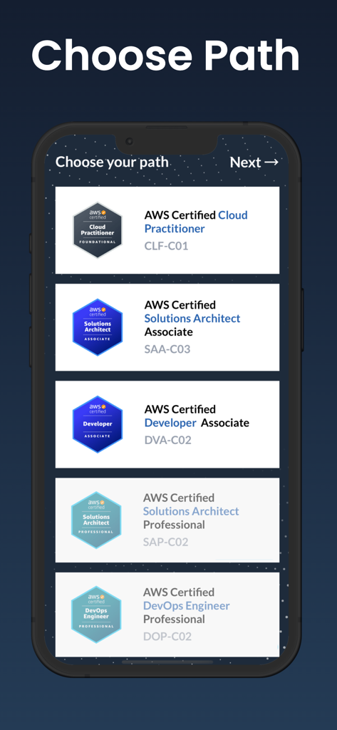 Écran mobile montrant plusieurs parcours de certification AWS, y compris Cloud Practitioner et Solutions Architect Associate.
