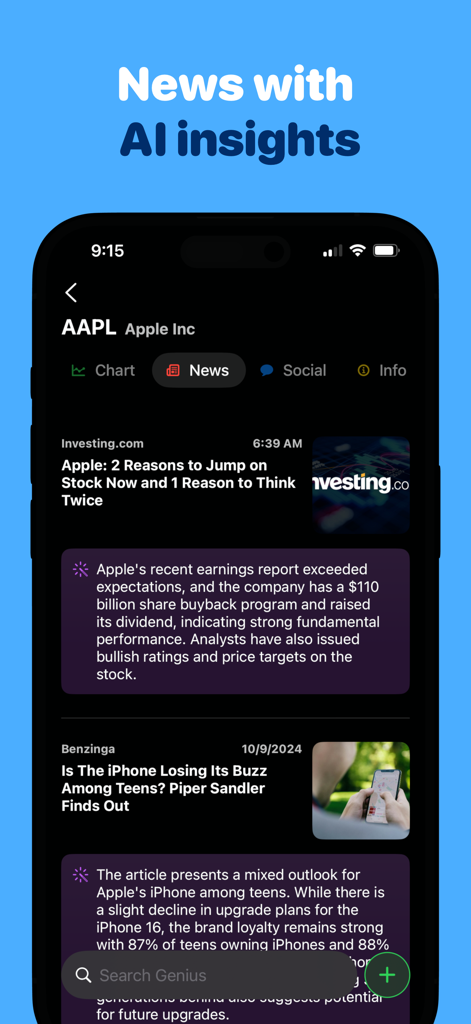 Genius: Stock Market Tracker - Genius app interface showing AI-powered news summaries and analysis for Apple stock.