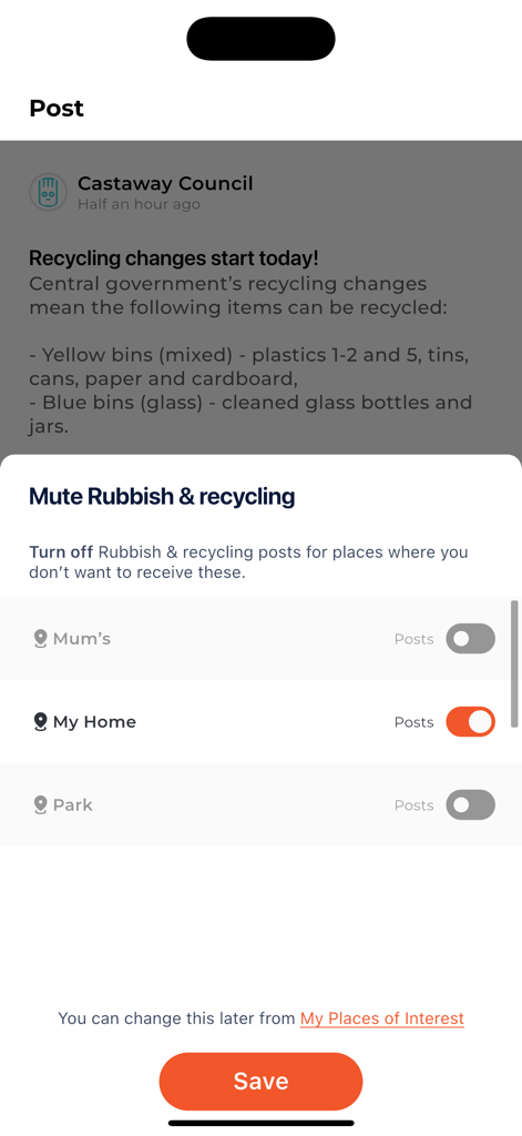 Benutzeroberfläche der Antenno-App zur Verwaltung von Benachrichtigungen für verschiedene Standorte wie Zuhause und lokale Parks