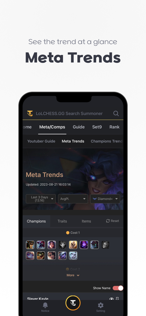 Capture d'écran de l'interface de l'application TFT Stats LoLCHESS montrant la section Meta Trends avec les icônes de champions et les données du jeu.