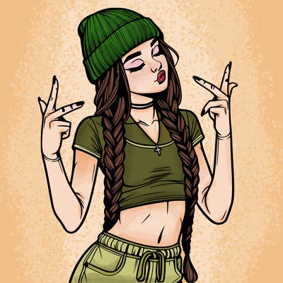 realistic teenage girl with braids and a beanie and crop top doing 🫶🏼
