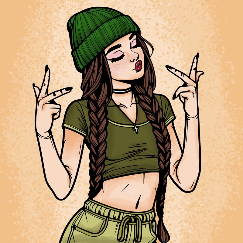 realistic teenage girl with braids and a beanie and crop top doing 🫶🏼