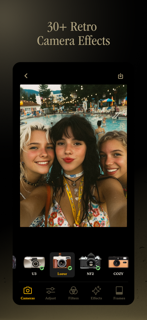 Snap it app interface showing a group selfie at a pool with retro film camera effects