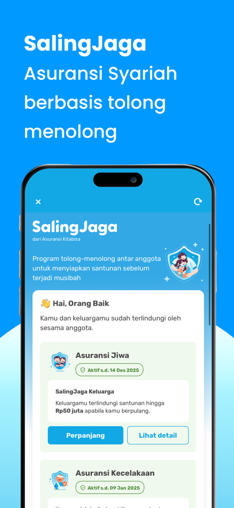 Kitabisa: Donasi, Zakat, Wakaf - Interfaccia dell'app mobile Kitabisa che mostra il dashboard di assicurazione sciita e mutuo soccorso SalingJaga