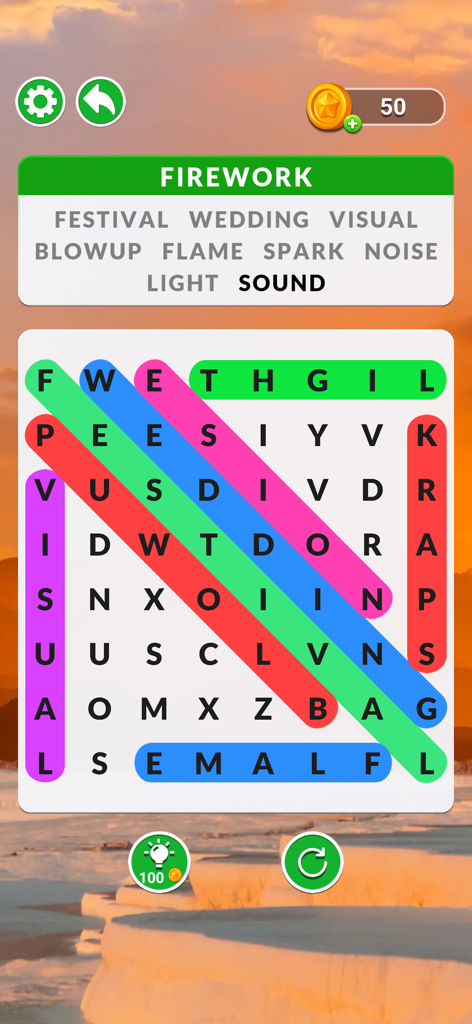 Word Search Puzzle - Scenery - Captura de pantalla del juego de Sopa de Letras Paisajes mostrando palabras resaltadas en una cuadrícula sobre un hermoso paisaje.