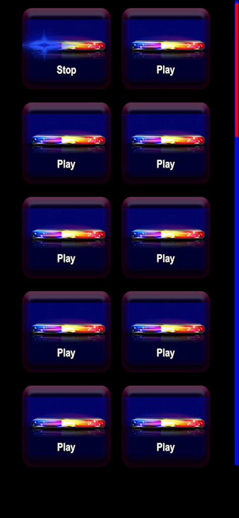 Police Siren: Lights & Sound - A menu of emergency light icons with play and stop buttons for different police siren sounds