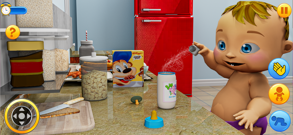 Baby Simulator Family Prank - Un personaje de bebé virtual en una cocina sosteniendo un salero sobre un vaso en el juego Baby Simulator Family Prank