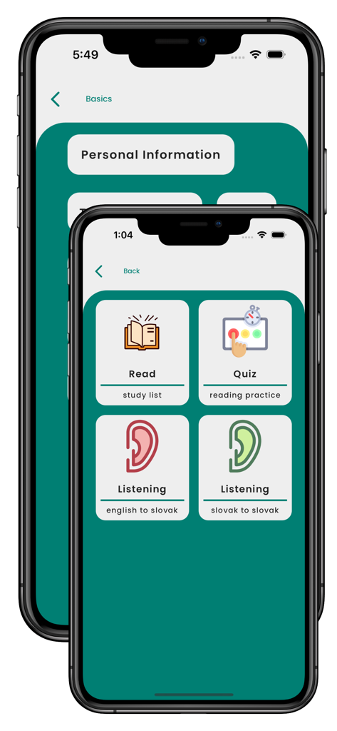 Interface de l'application Apprendre le slovaque montrant des modules d'étude pour les quiz de lecture et les exercices d'écoute sur deux écrans de smartphone