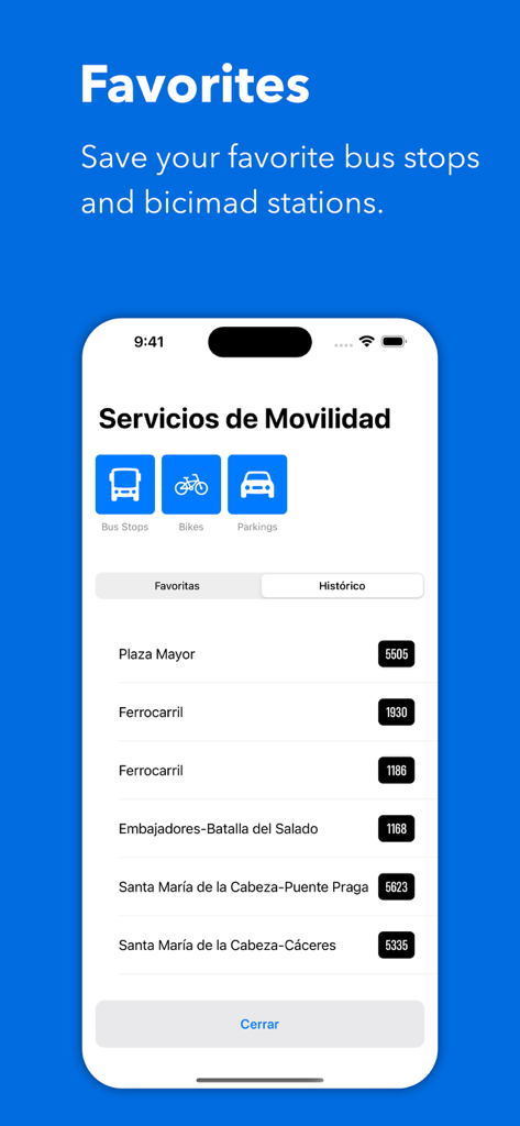 movemad - Madrid EMT & bicimad - Screenshot of the movemad app favorites interface showing saved bus stops and bike sharing stations in Madrid