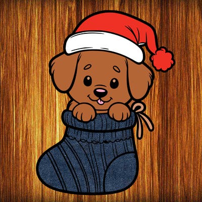 cute puppy wearing santa hat in socking