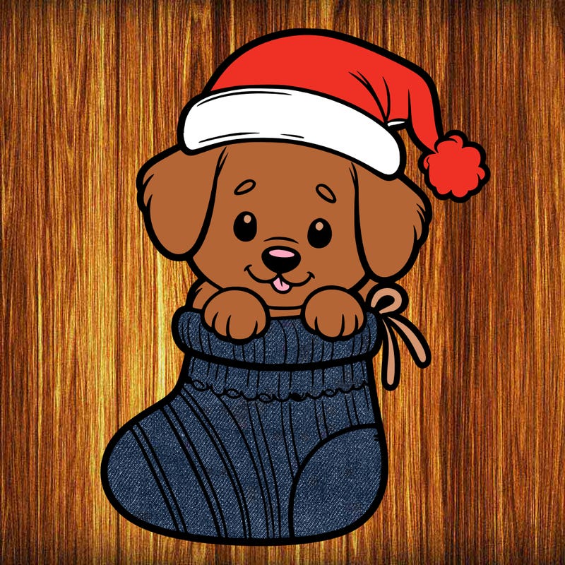 cute puppy wearing santa hat in socking