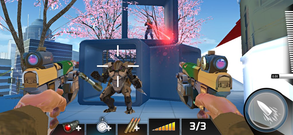 Kill Shot Bravo: Sniper Games - First person shooter view in Kill Shot Bravo featuring dual pistols aimed at a robotic mech and an enemy sniper with cherry blossom trees in the background.