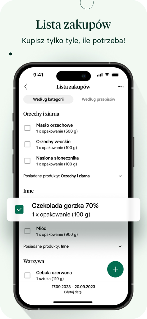 Respo: Dieta i Licznik kalorii - Interactive shopping list in the Respo nutrition app showing organized food categories and checked items