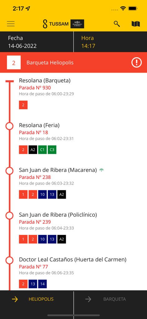 AppTUSSAM bus route screen displaying stops for line 2 with connecting transport information