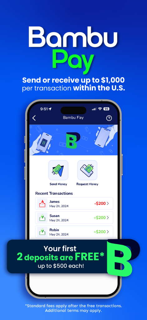 MyBambu-App-Oberfläche, die die Bambu Pay-Funktion zum Senden und Empfangen von Geld mit einer Liste der letzten Transaktionen zeigt.
