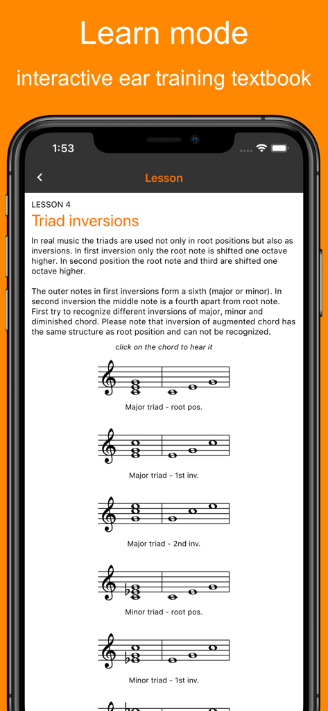 MyEarTraining - Ear Trainer - A music theory lesson on triad inversions with musical notation staves in the MyEarTraining app.