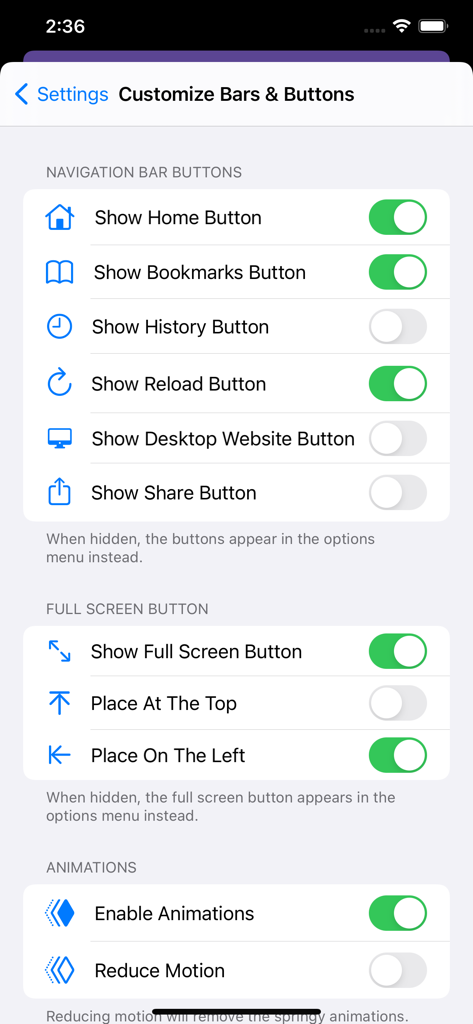 Desktop Browser • Zoomable - Interface customization settings for navigation bar buttons and full screen options.
