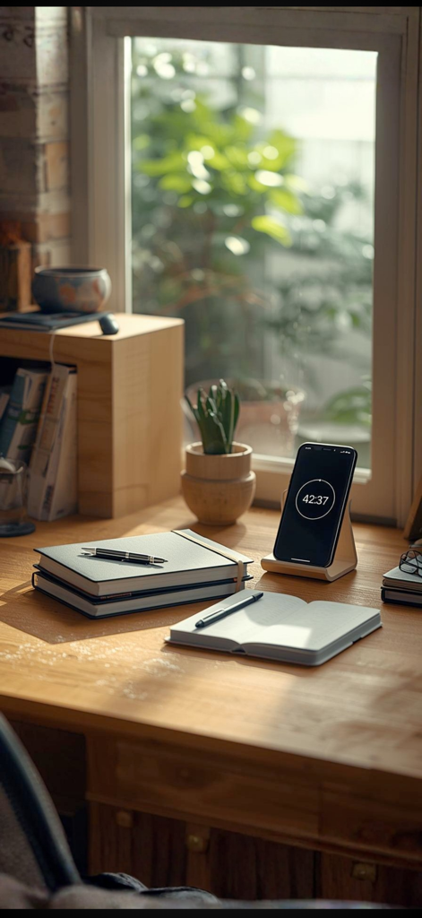 窓の近くのミニマリストな木製デスクにSimple Pomodoro集中タイマーが表示されているスマートフォン