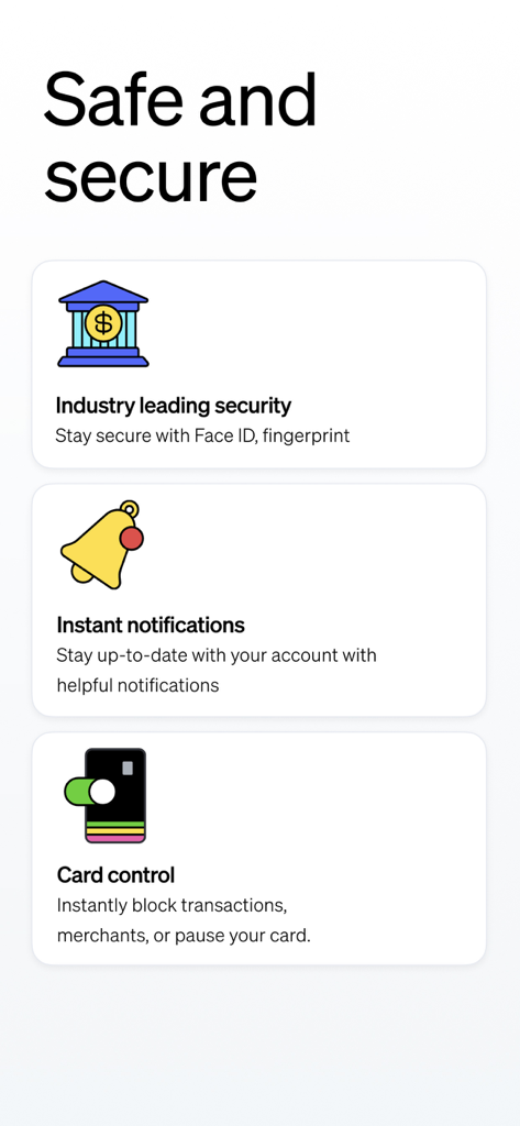 Current - Mobile Banking - Current app security features highlighting biometric login instant notifications and card control