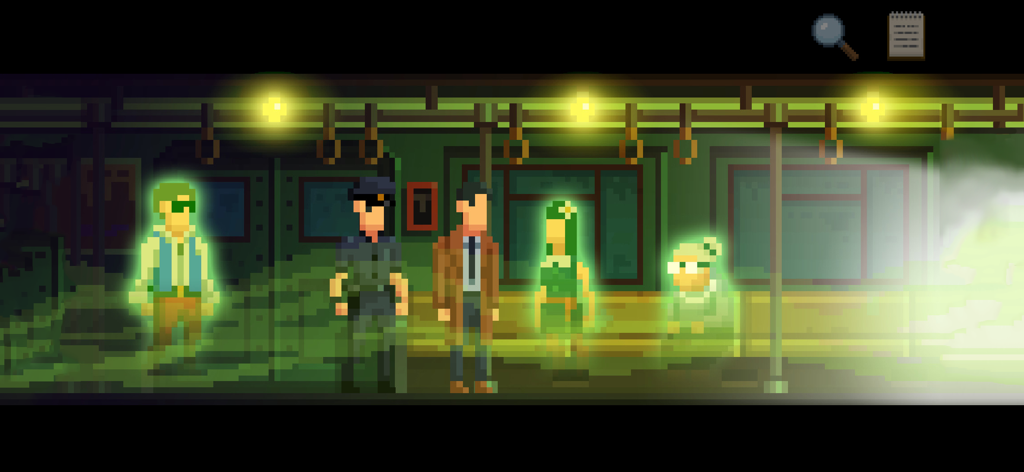 The Darkside Detective - Detective McQueen and Officer Dooley standing with glowing green ghosts on a subway train in a pixel art style