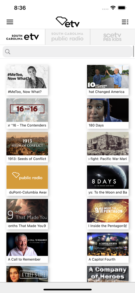 South Carolina ETV - The South Carolina ETV app screen showing a library of on demand documentaries and educational television shows