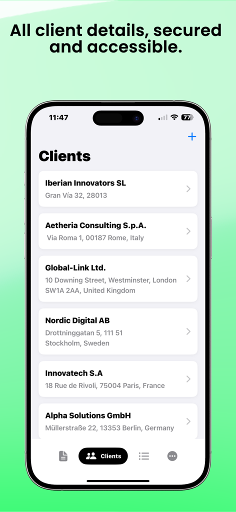 Invoice Maker Billing Manager - Pantalla de la aplicación móvil que muestra una lista de clientes profesionales con nombres de empresas y direcciones en la aplicación Invoice Maker Billing Manager.