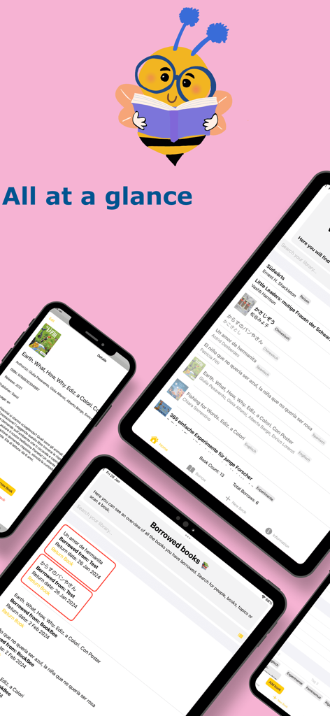 BookBee – Kindergarten Library - BookBee app screens on iPhone and iPad showing the library collection and borrowed books lists