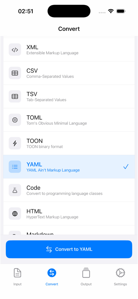 JSON Tools app interface showing conversion options for various formats including XML CSV and YAML