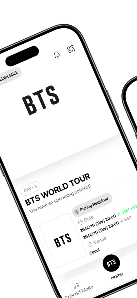 BTS Official Light Stick Ver.4 - Pantalla de inicio de la aplicación BTS Official Light Stick con detalles del próximo concierto y estado de emparejamiento.