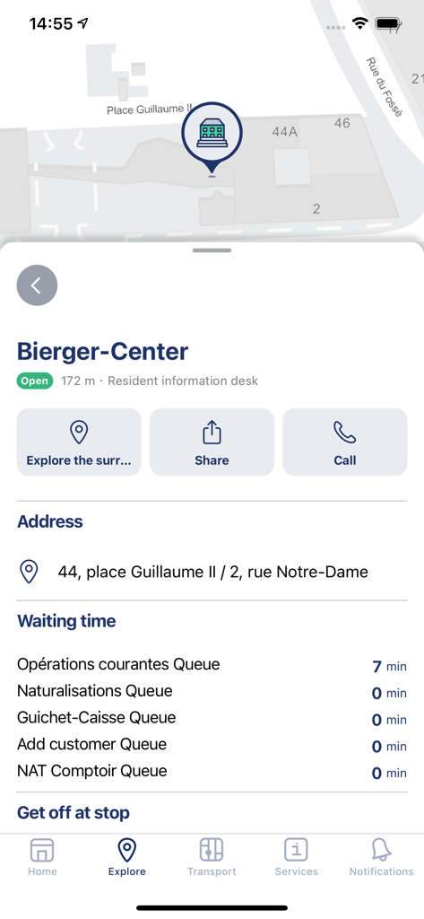 CityApp - Your guide to VDL - Pantalla de la aplicación móvil para el Bierger-Center en la ciudad de Luxemburgo que muestra los tiempos de espera en vivo para varios servicios municipales