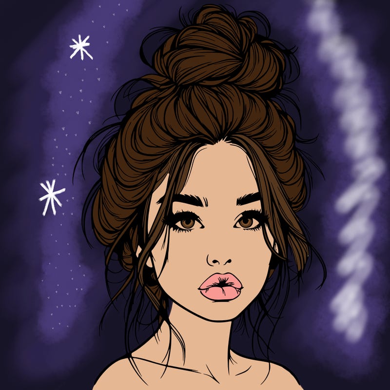 realistic girl with a messy bun and she has lips