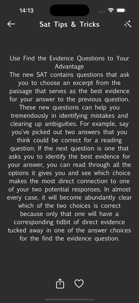 Screenshot of the SAT Tips and Tricks screen explaining how to handle find the evidence questions