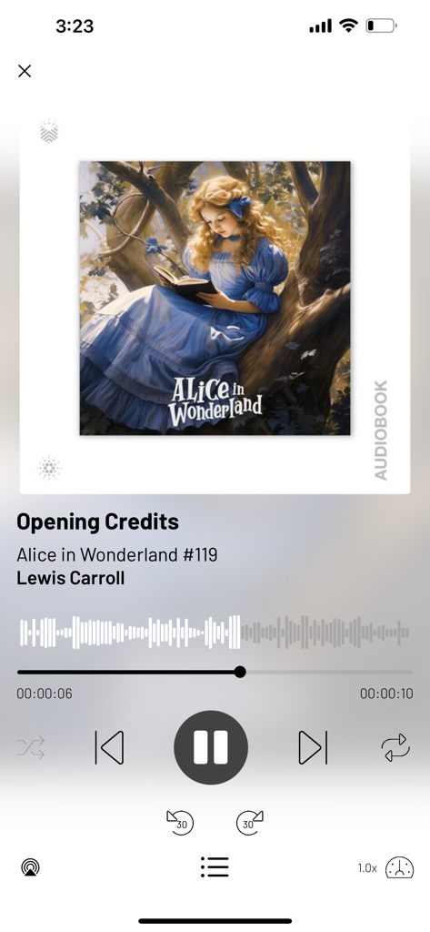 Book.io - Book.io mobile app audiobook player interface showing playback controls and cover art for Alice in Wonderland.
