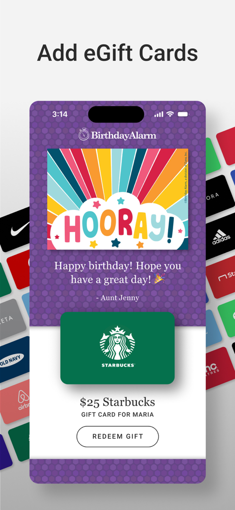 BirthdayAlarm: Reminders Cards - Digital birthday greeting with an integrated Starbucks eGift card in the BirthdayAlarm app