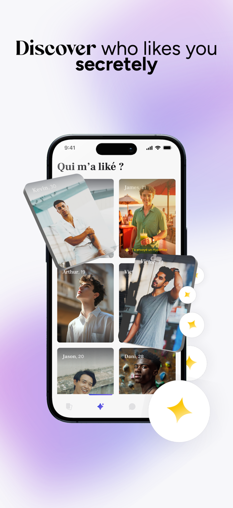 Reveeld - Dating LGBTQ+ - Pantalla de smartphone mostrando la función 'a quién le gustas' en la aplicación de citas LGBTQ+ Reveeld.