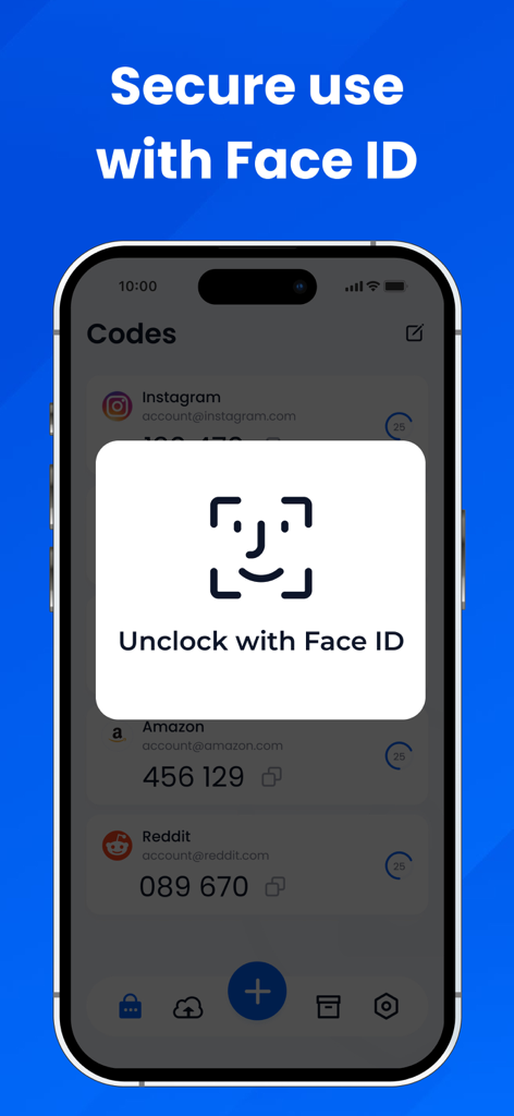 2FAログインコードを保護するためのFace ID生体認証ロック解除プロンプトを表示する認証アプリのインターフェース